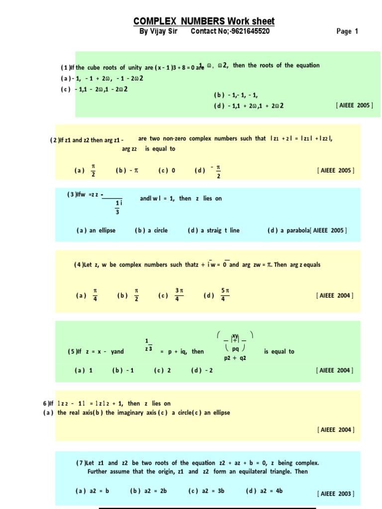 Complex Numbers MCQs with Solutions | PDF | Complex Number | Euclidean ...