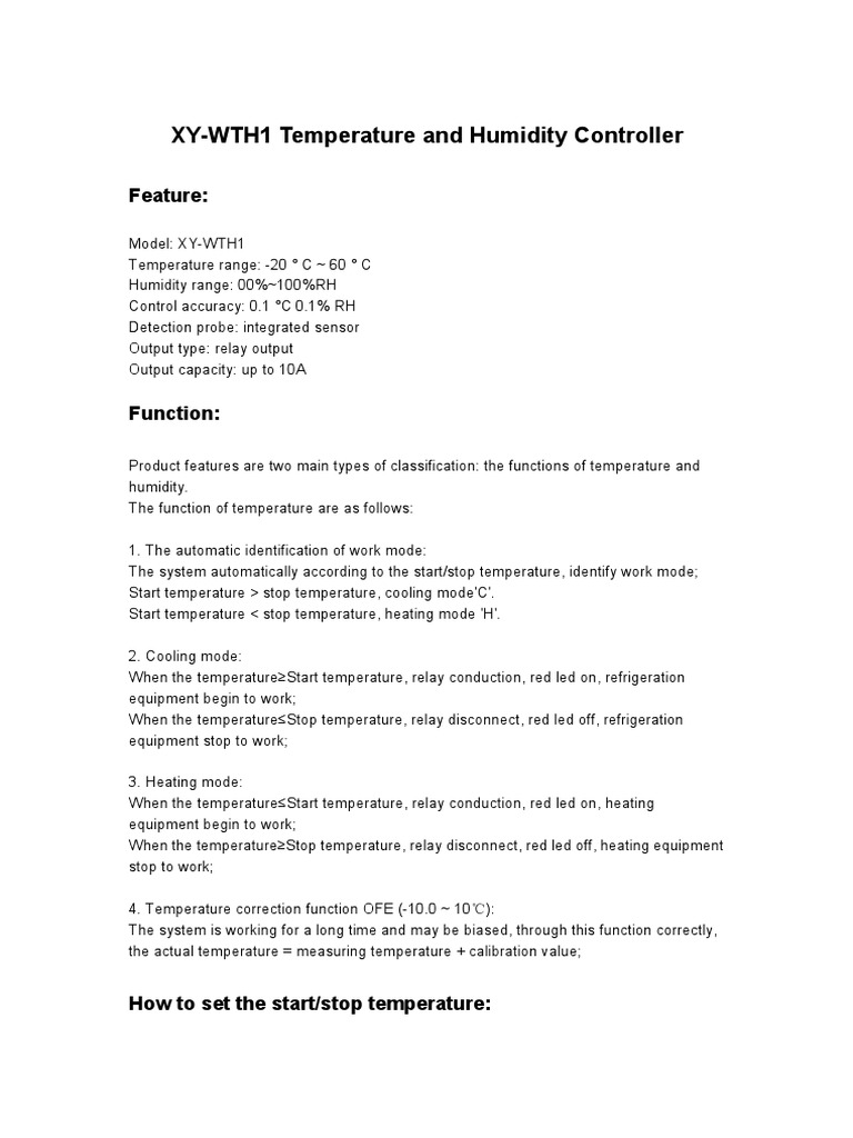 XY-WTH1 Controller User Manual | PDF | Humidity | Thermal Conduction