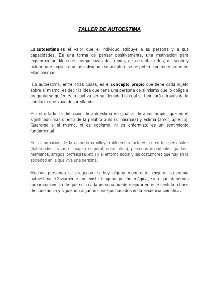 Taller de Autoestima | PDF | Autoestima | Conceptos psicologicos