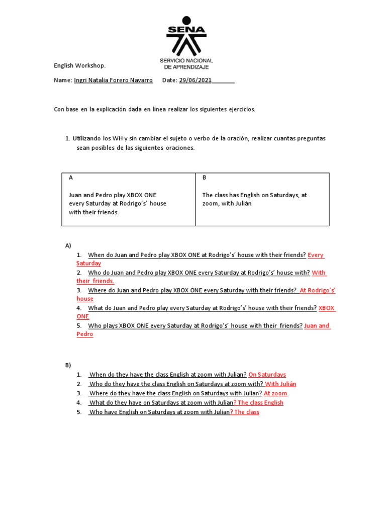 WH Questions Exercise for English Workshop | PDF | Language Arts ...