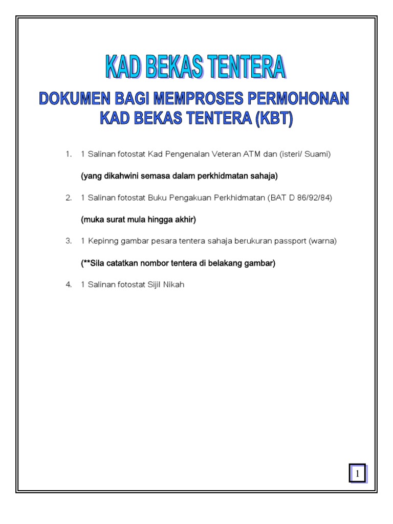 Dokumen Bagi Memproses Permohonan Kad Bekas Tentera Kbt Pdf