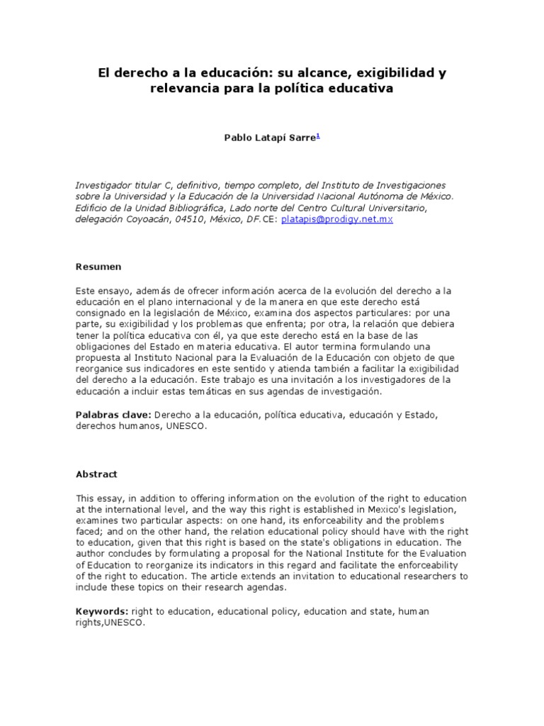 El Derecho A La Educación | PDF | Derechos humanos | Estado (política)