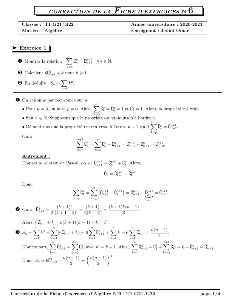 Correction Exercices Algèbre N˚6 T1 G21/G22 | PDF | Mathématiques
