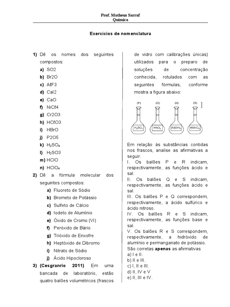 Exercícios de Nomenclatura | PDF | Sal (Química) | Ácido sulfúrico