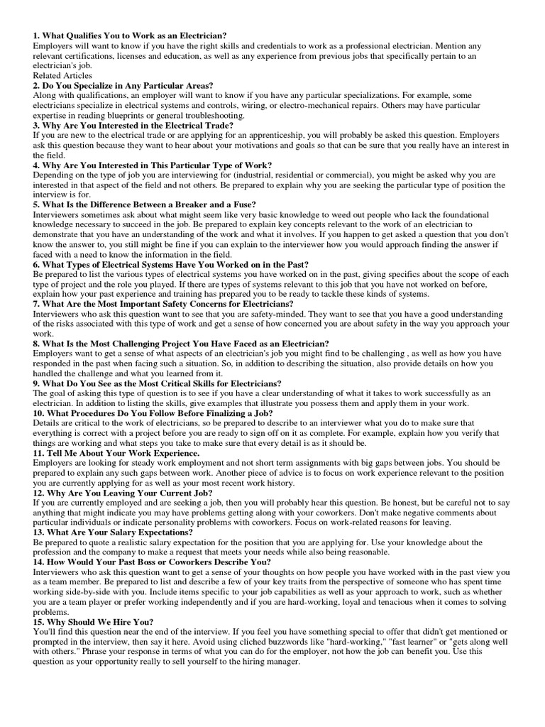 Electrical Safety Interview Questions J. Fred PDF Electrician