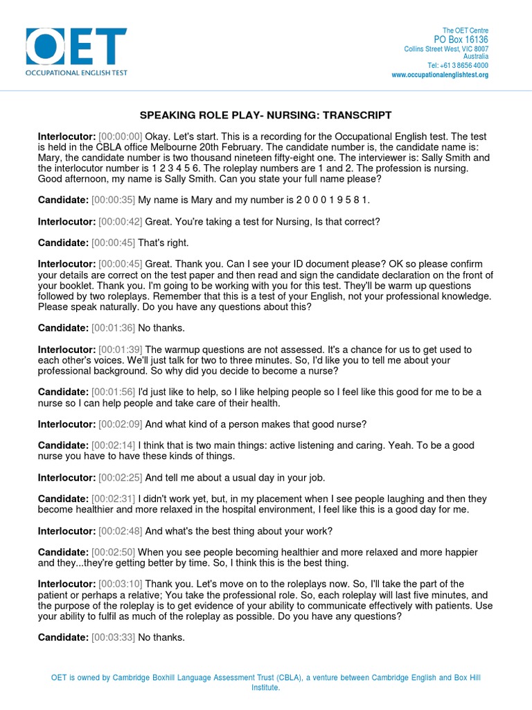 OET Nursing Role Play Transcript | PDF | Injection (Medicine) | Health Care