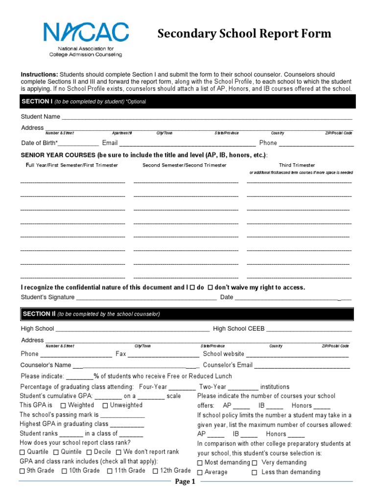 Secondary School Report Form: Section I | PDF