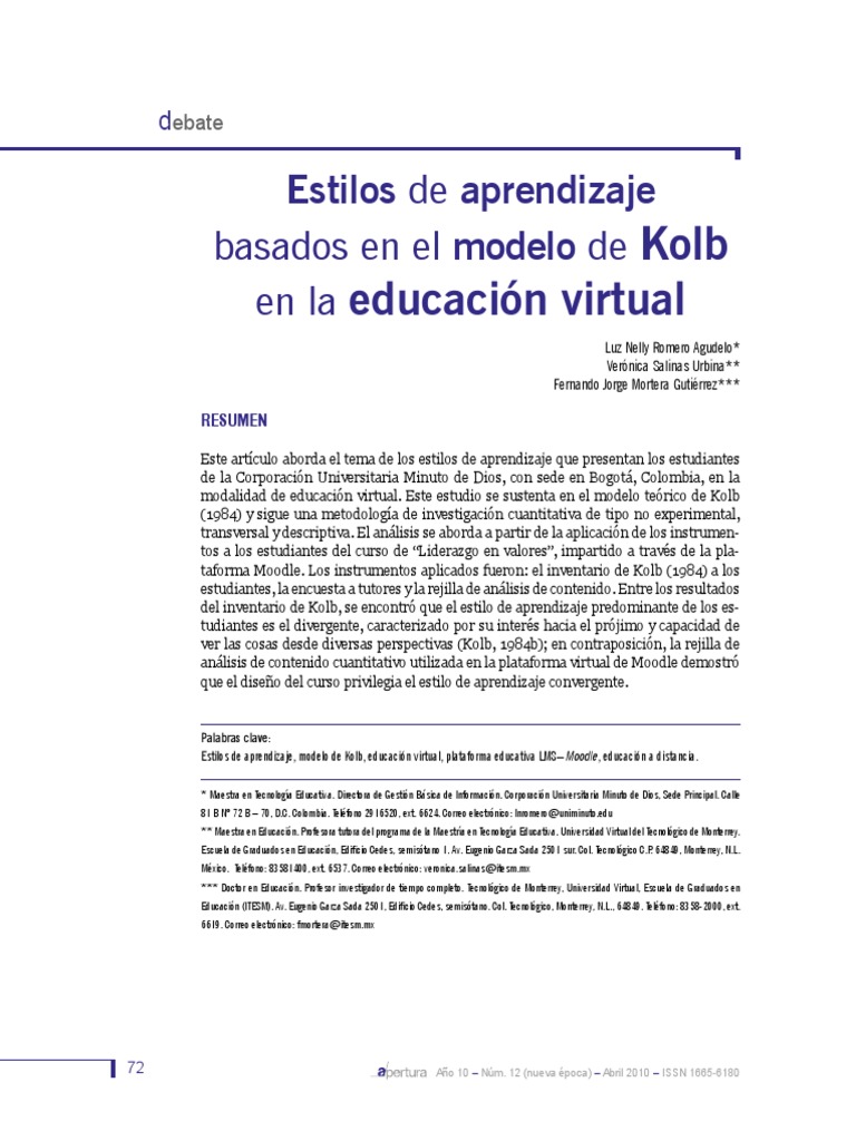 Estilos de Aprendizaje Basados en El Modelo de Kolb en La Educacion ...