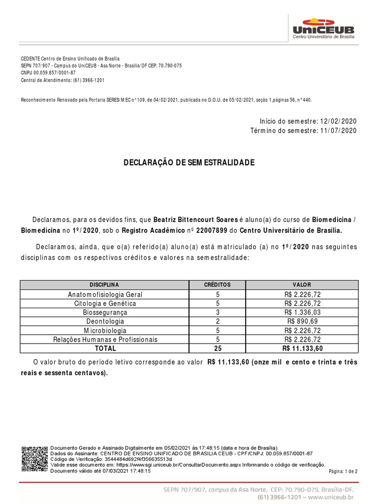 Declaração de Semestralidade | PDF