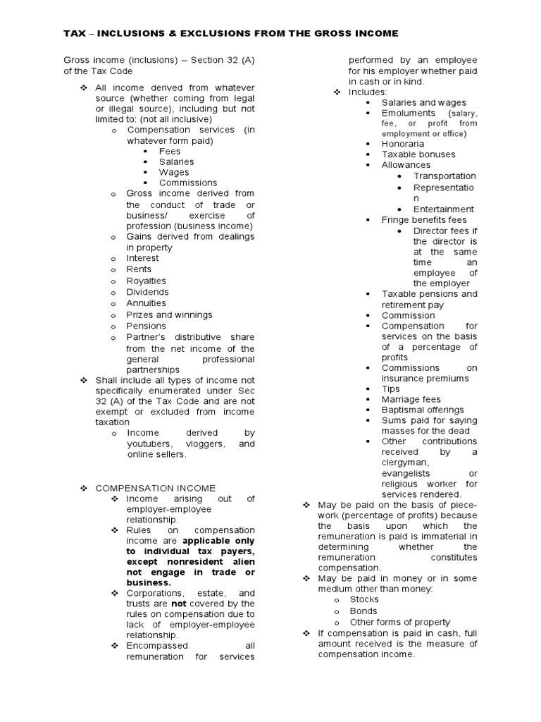 Tax Inclusions and Exclusions Overview | PDF | Dividend | Lease
