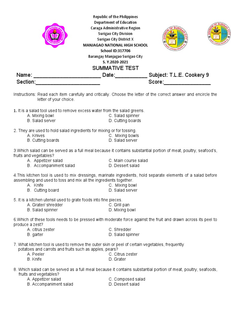 Summative Test Cookery 9 Pdf Salad Mayonnaise