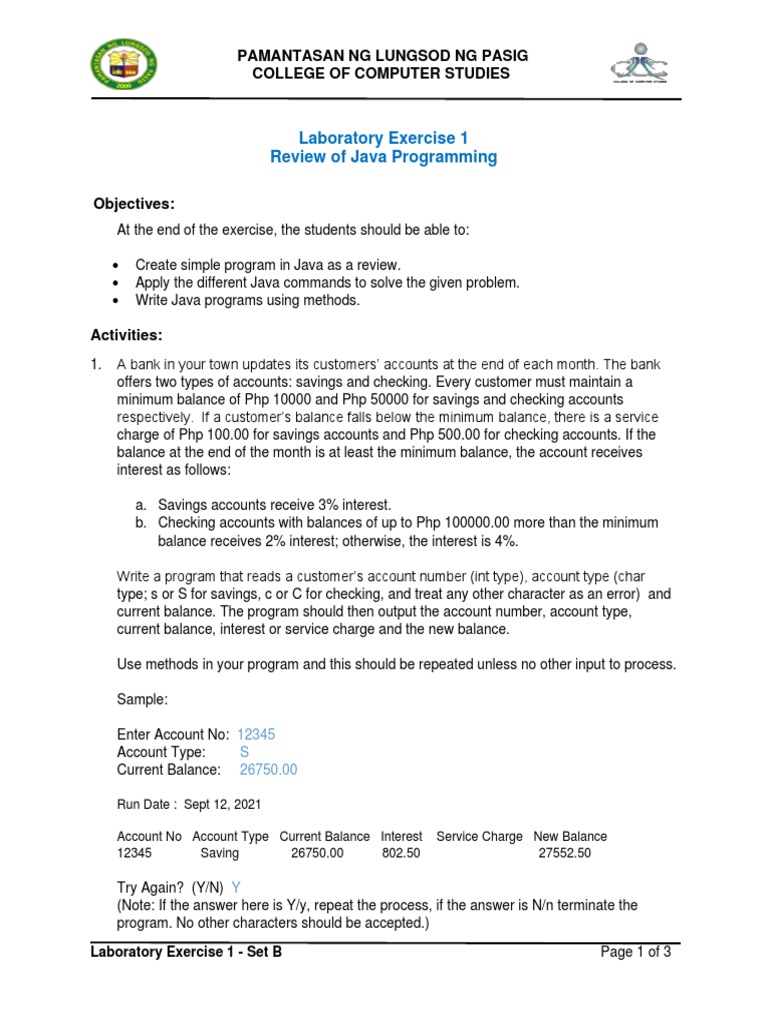 01 - Lab Exercise 1 - Review Java - Set B - 2 | PDF | Php | Transaction  Account