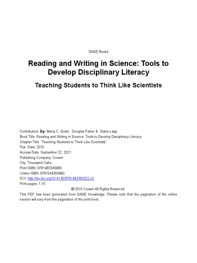 Reading and Writing in Science Tools To Develop Disciplinary Literacy
