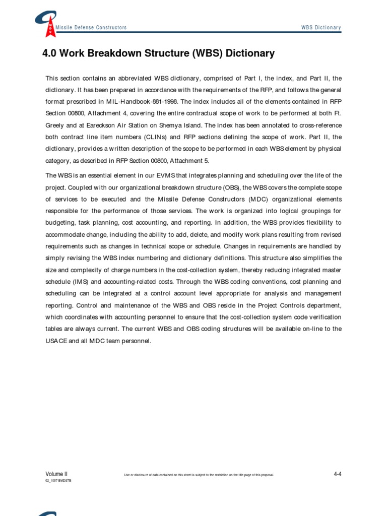 4.0 Work Breakdown Structure (WBS) Dictionary: Missile Defense ...