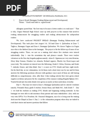Narrative Report Brigada Pabasa Pdf Teaching Pedagogy