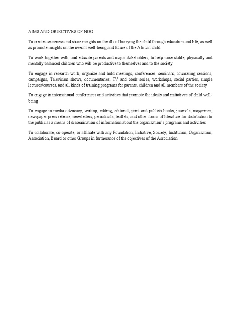 Aims & Objectives of NGO | PDF