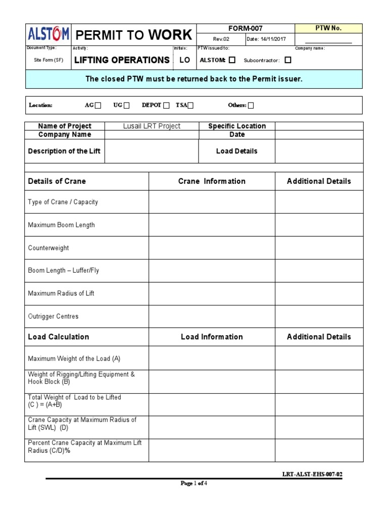 Lifting Permit Form PDF Crane (Machine)