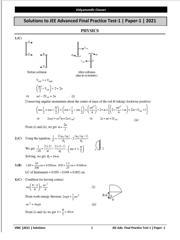 JEE Advanced Practice Test1 Paper1 Solutions PDF Sphere Chemistry