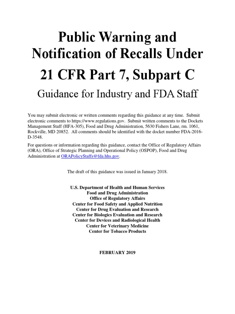 Public Warning and Notification of Recalls Under 21 CFR Part 7, Subpart