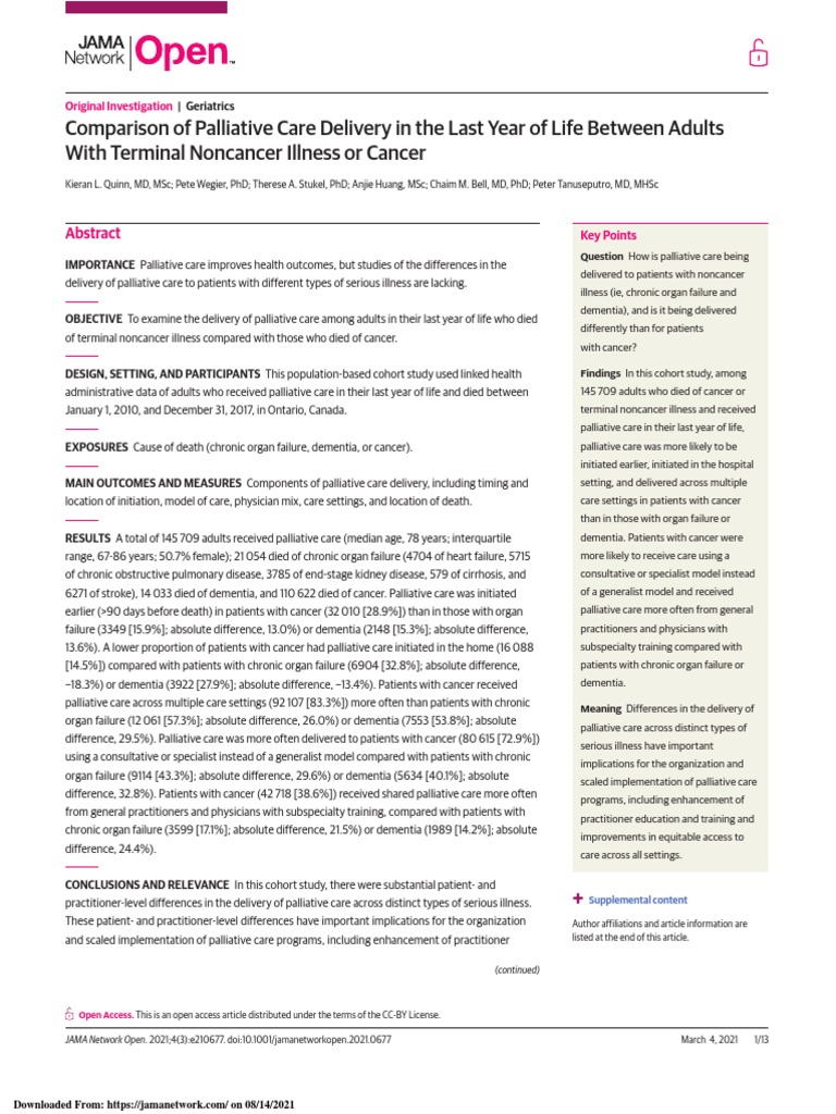 Comparison of Palliative Care Delivery in The Last Year of Life Between ...
