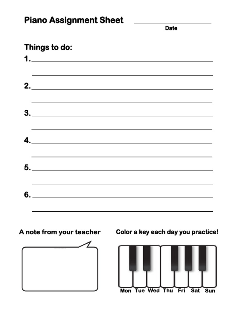 Piano Assignment Sheet 1. 2. 3. 4. 5. 6. Things To Do PDF