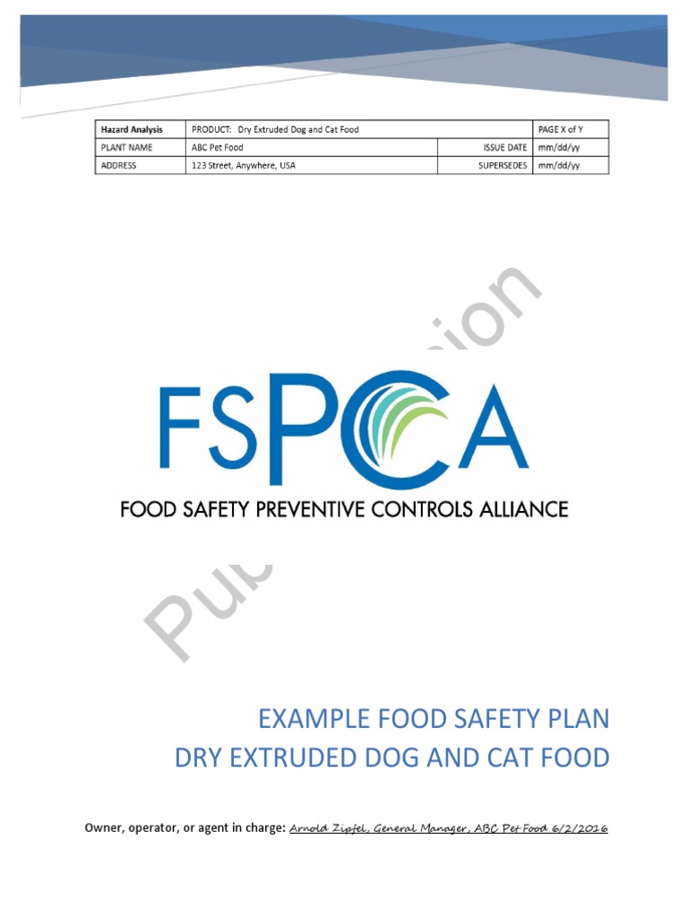 Public Example Food Safety Plan Dry Extruded Dog and Cat Food PDF