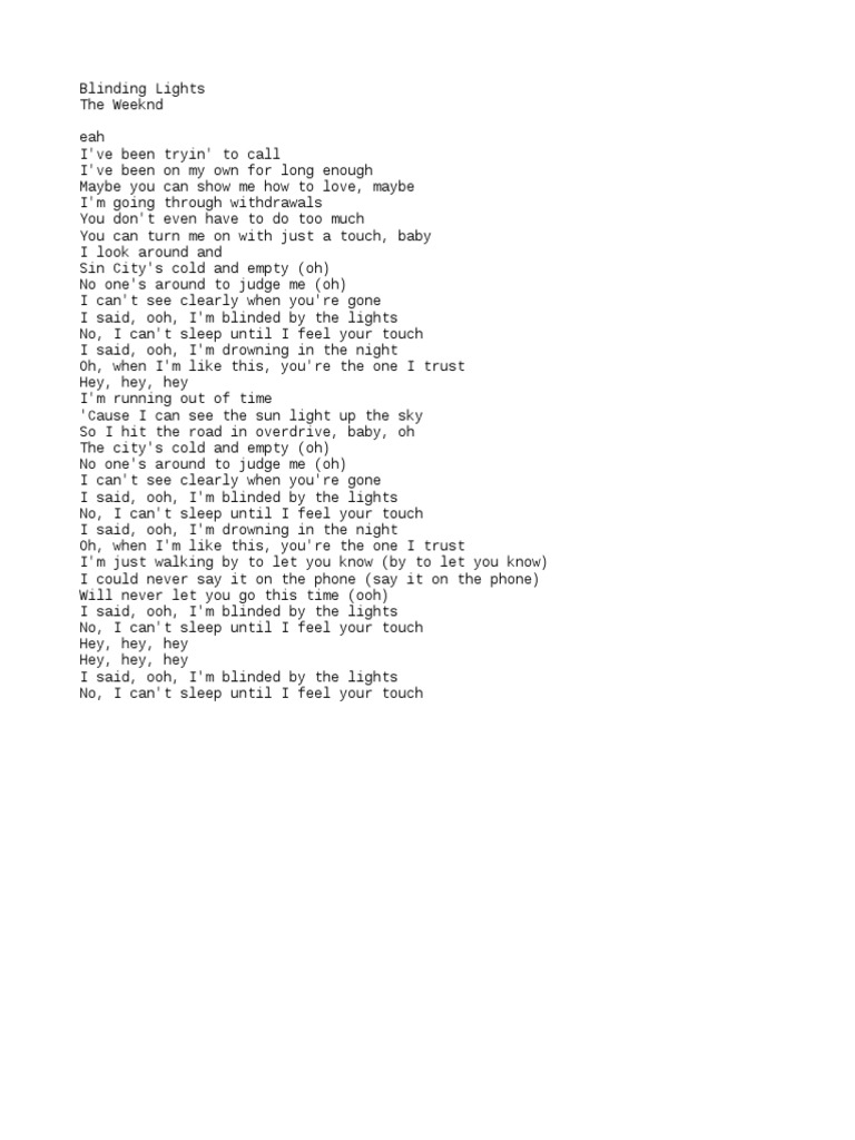 The Weeknd's Blinding Lights Lyrics | PDF