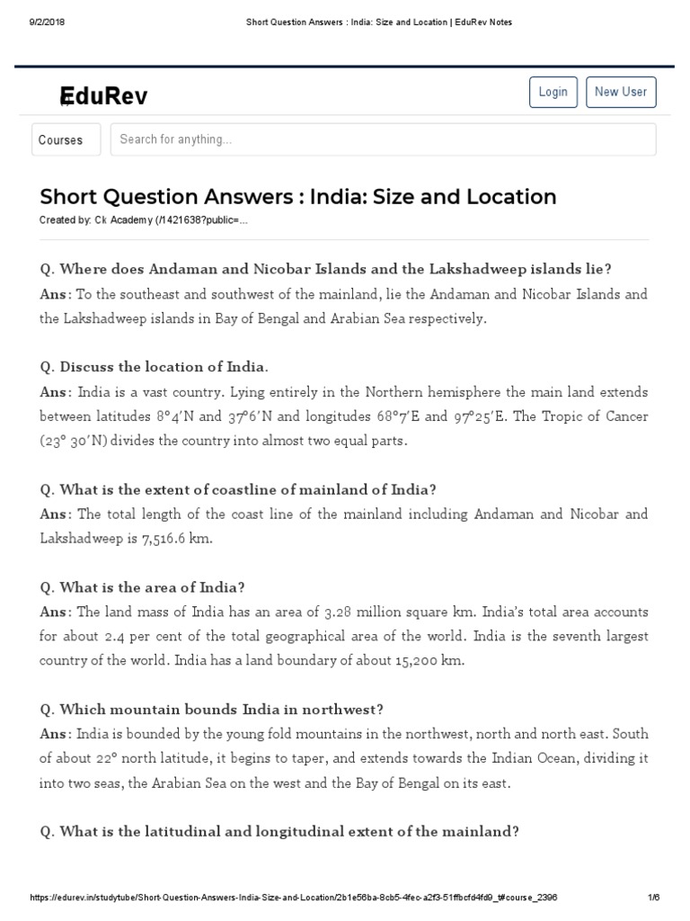 Short Question Answers - India - Size and Location - EduRev Notes | PDF