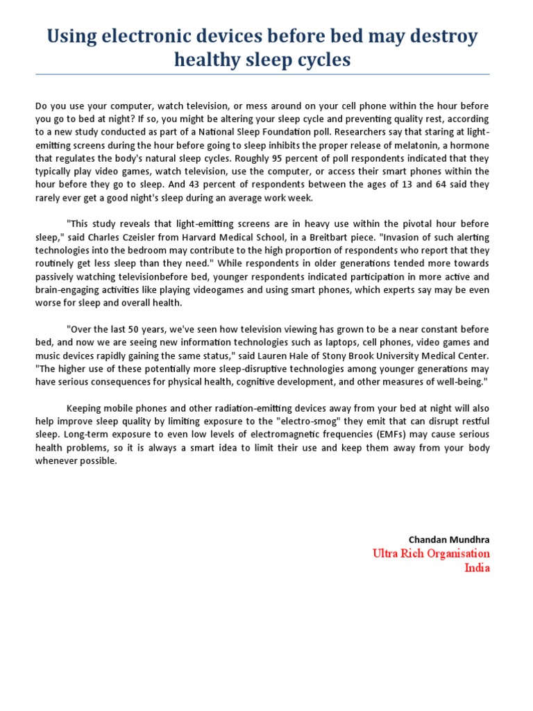 Electronic Devices Before Bed Destroy Healthy Sleep Cycles PDF