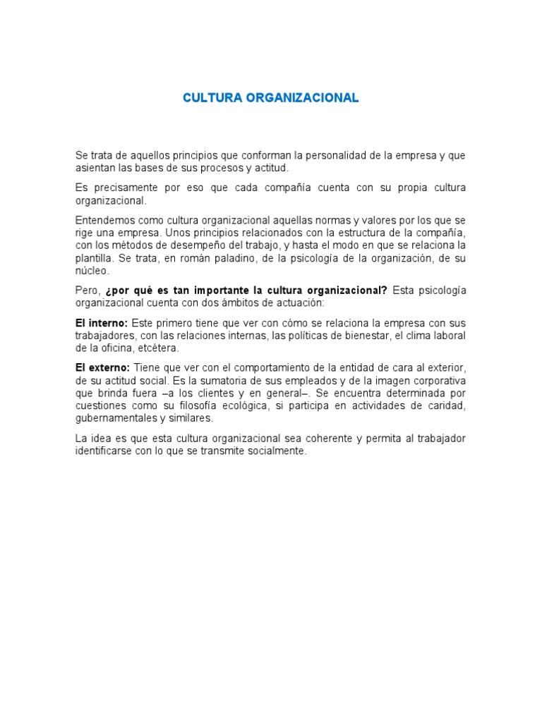 Importancia de la Cultura Organizacional | PDF | Cultura organizacional ...