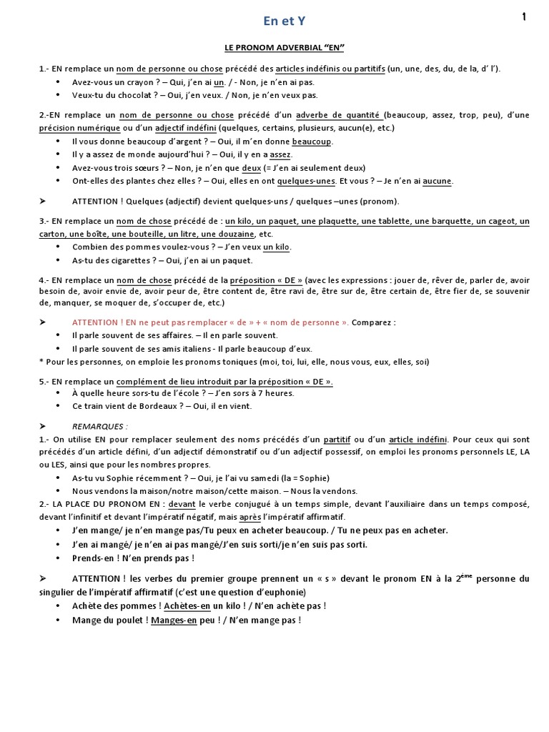 Les Pronoms En Et Y Exercices Corrigés Pdf Le Pronom Adverbial "En" | PDF | Linguistique | Grammaire