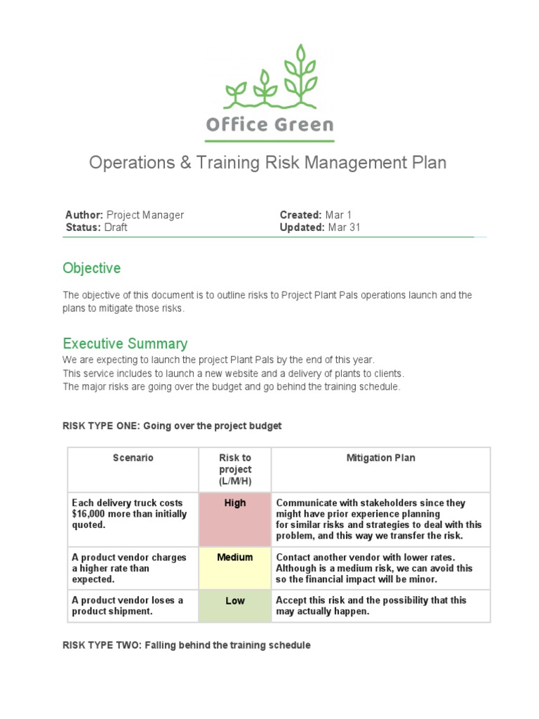 Operations & Training Risk Management Plan | PDF | Risk | Risk Management