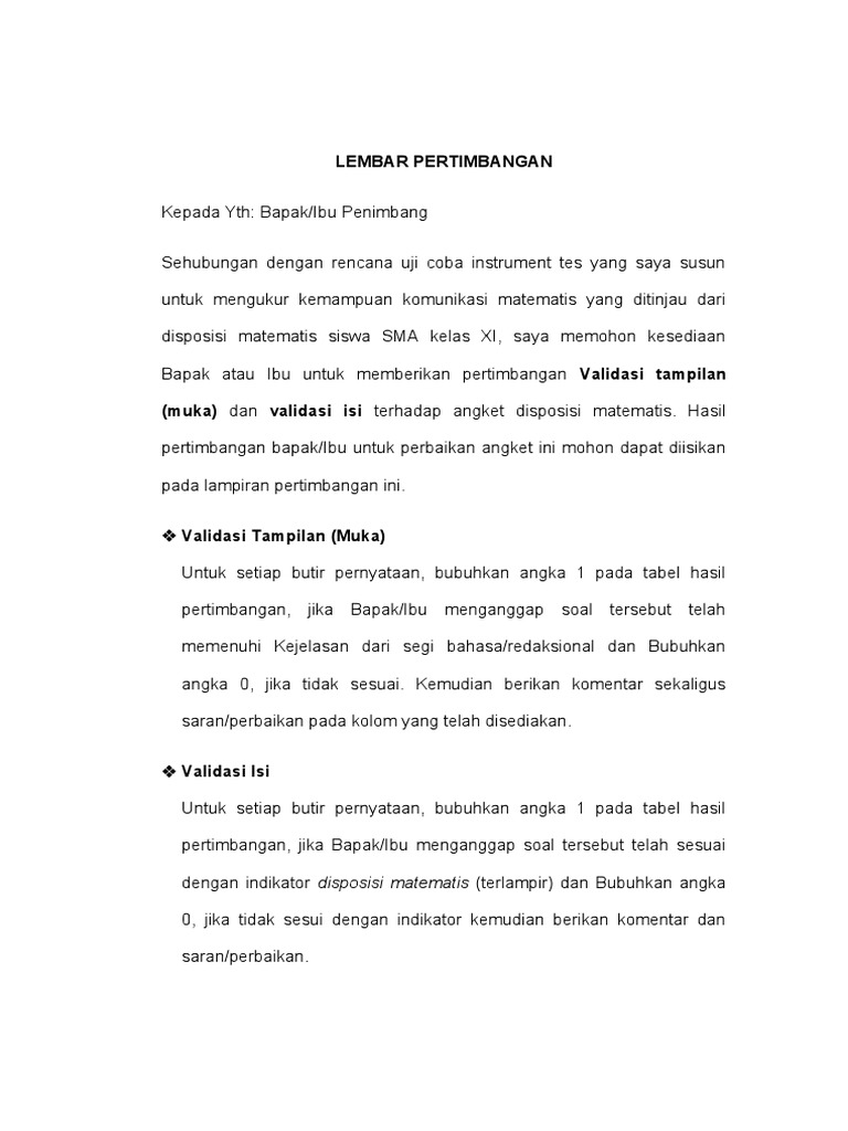 Lembar Pertimbangan Angket Disposisi Matematis | PDF