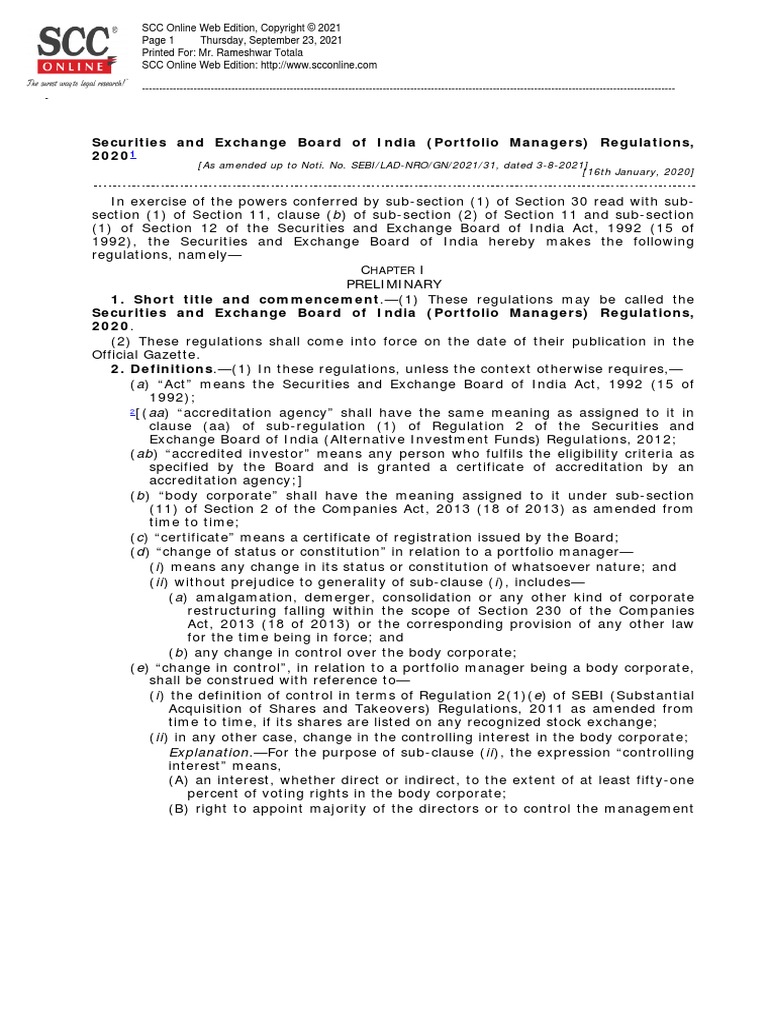 SEBI Portfolio Managers Regulation PDF Securities (Finance