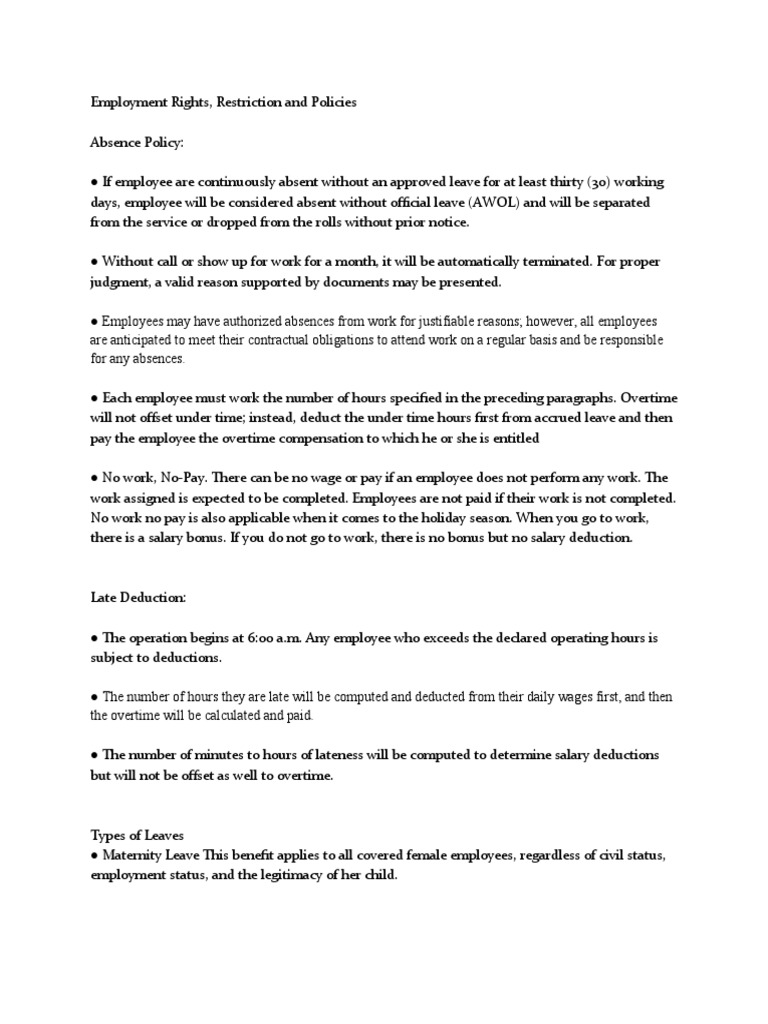 Employment Rights Restriction And Policies Pdf Overtime Employment