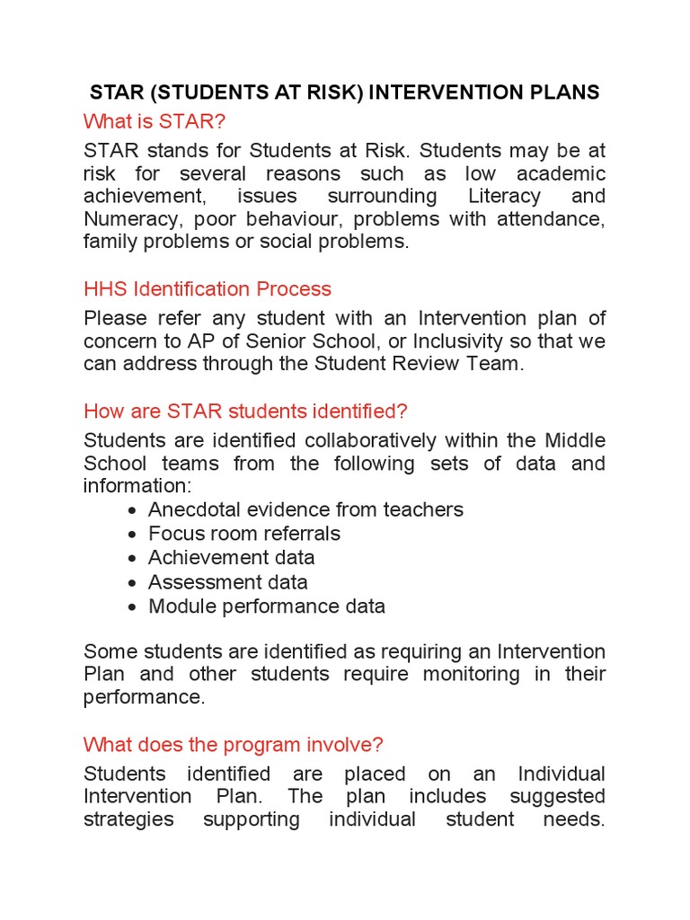 STAR Student at Risk Intervention Plan | PDF