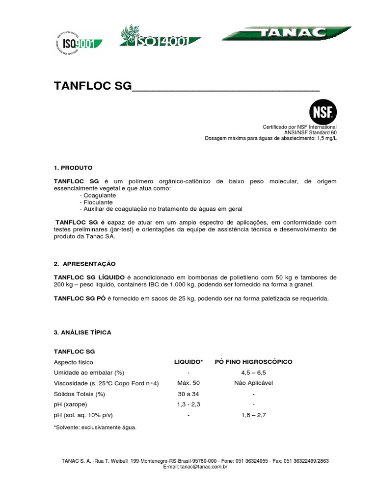 Coagulante Orgânico TANFLOC SG | PDF | Química | Efluente