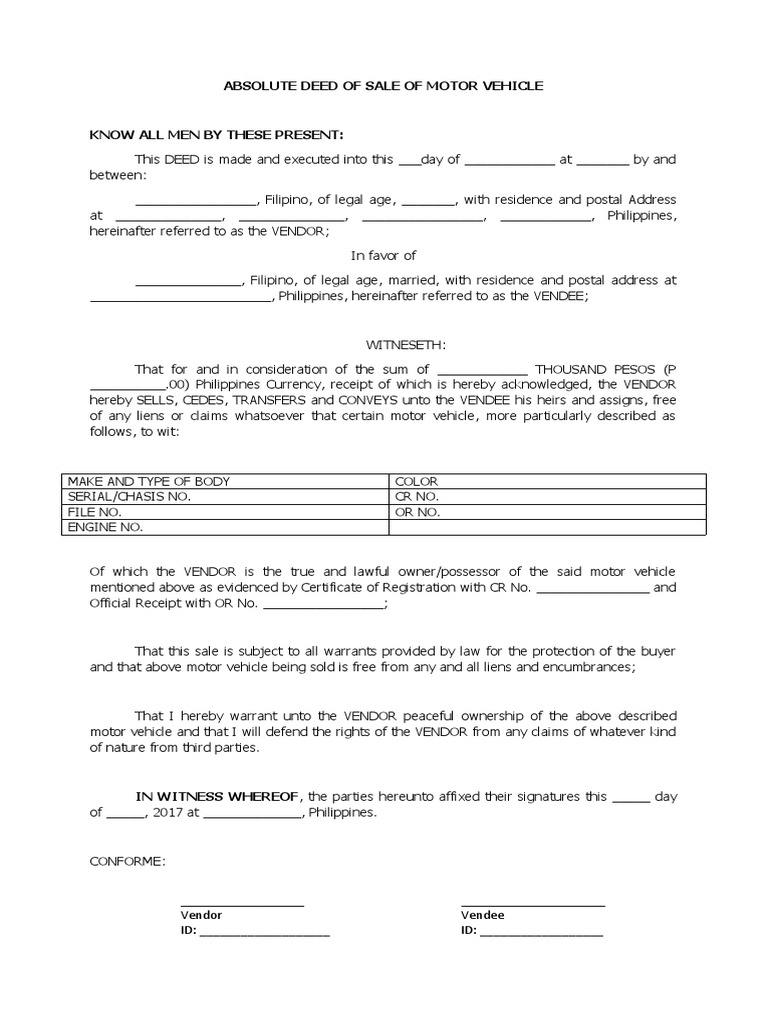 Absolute Deed of Sale for Vehicle | PDF | Deed | Civil Law (Legal System)