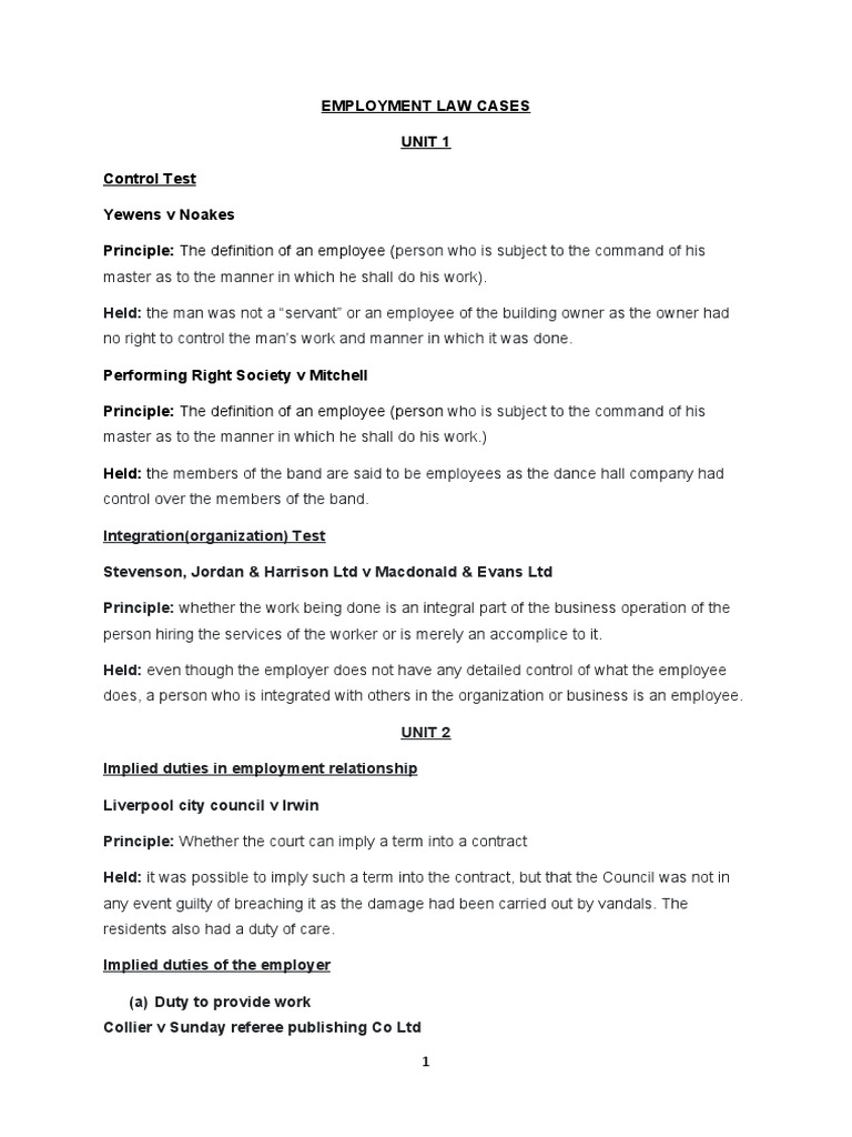 Employment Law Cases Unit 1 Control Test Yewens V Noakes Principle The