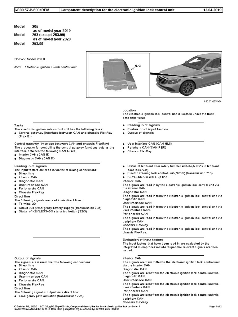 Component Description For The Electronic Ignition Lock Control Unit