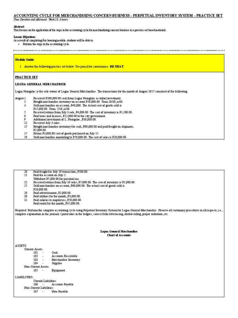 PERPETUAL INVENTORY SYSTEM - Practice Set | PDF | Debits And Credits