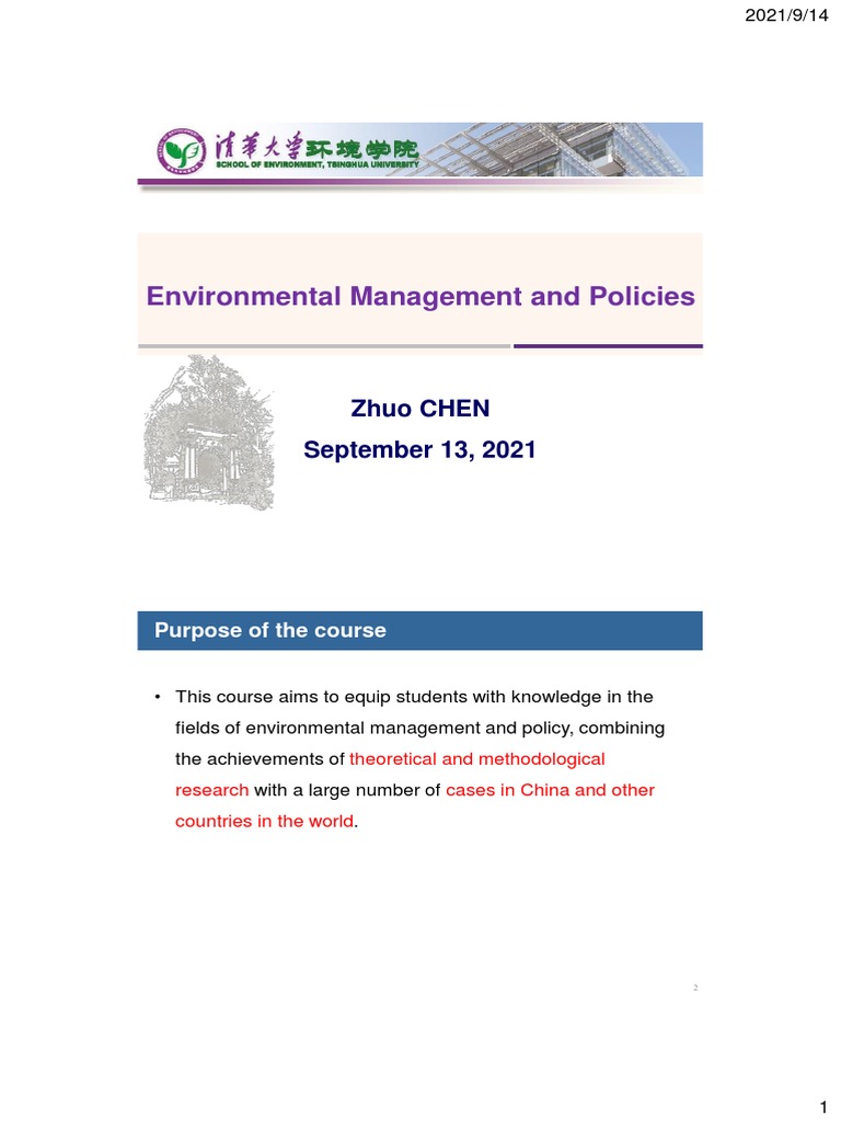 Environmental Management and Policies Zhuo CHEN September 13, 2021