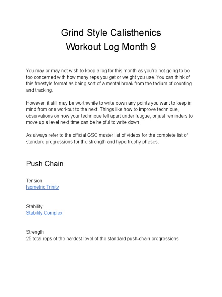 Grind Style Calisthenics Log Month 9 PDF