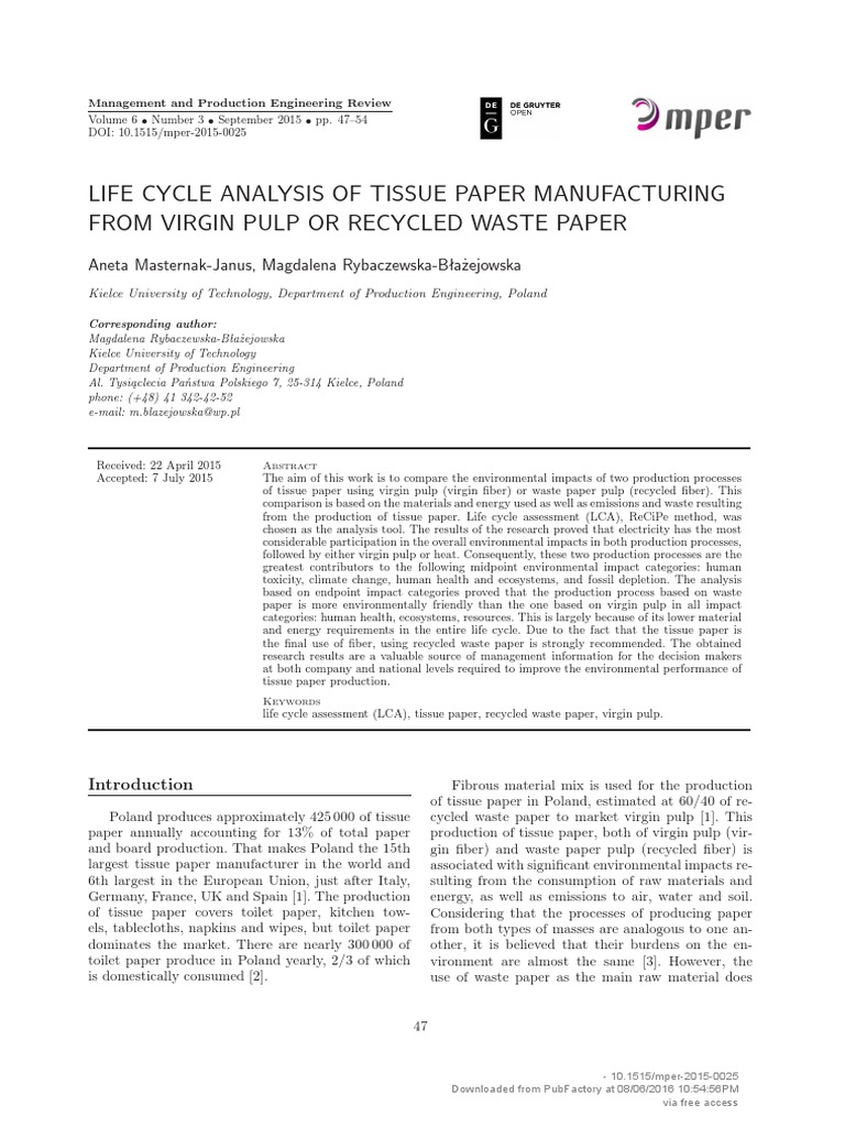 Life Cycle Analysis of Tissue Paper Manufacturing PDF Life Cycle