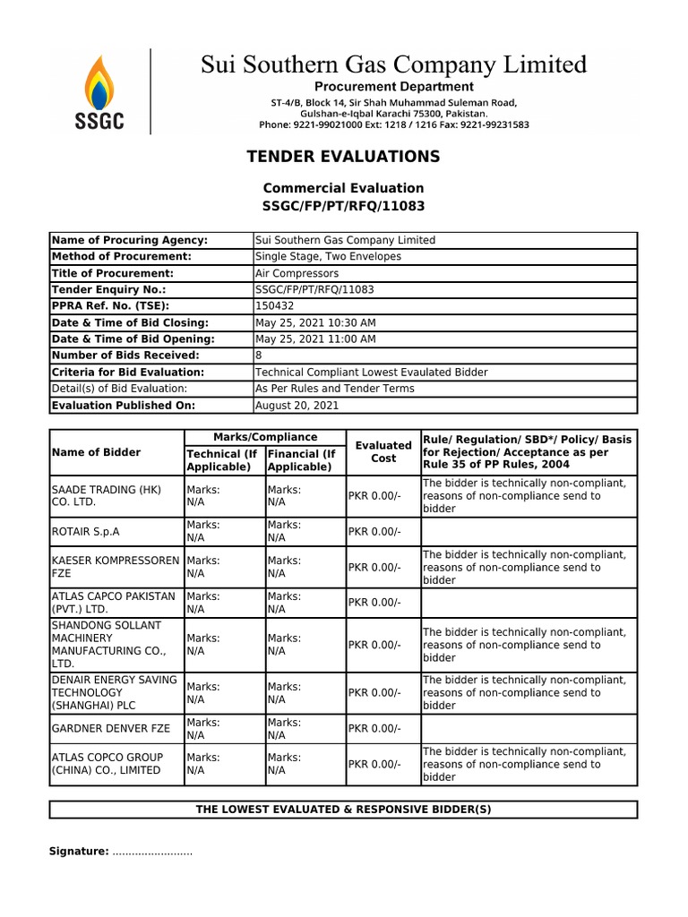 SSGC Tender Evaluation for Air Compressors | PDF | Regulatory ...