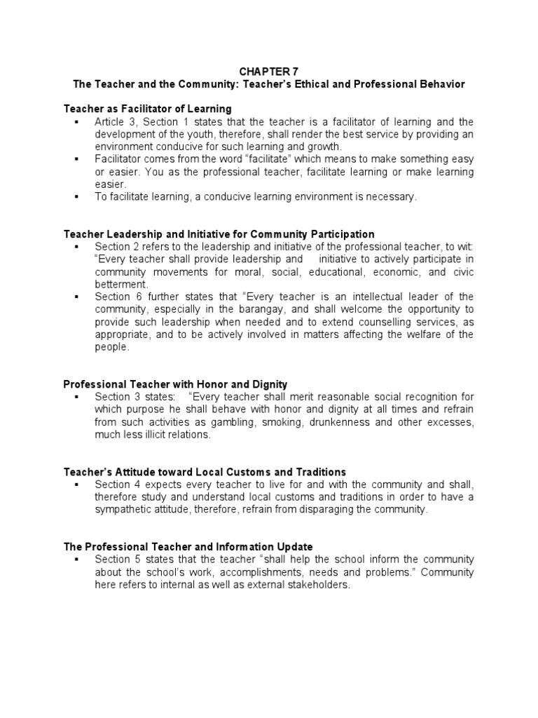 Chapter 7 - The Teacher and The Community - Teachers Ethical and ...