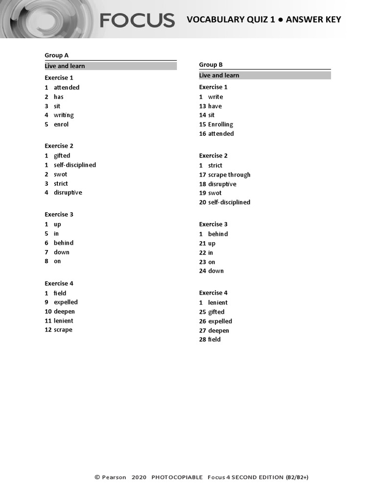 Focus4 2E Vocabulary Quiz Unit1 GroupA B ANSWERS | PDF