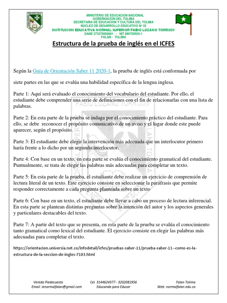 Estructura de la Prueba de Inglés ICFES | PDF | Aprendizaje | Cognición