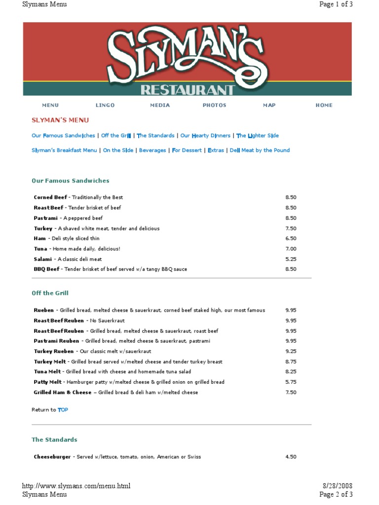 Slyman s Restaurant menu | Delicatessen | Hamburgers