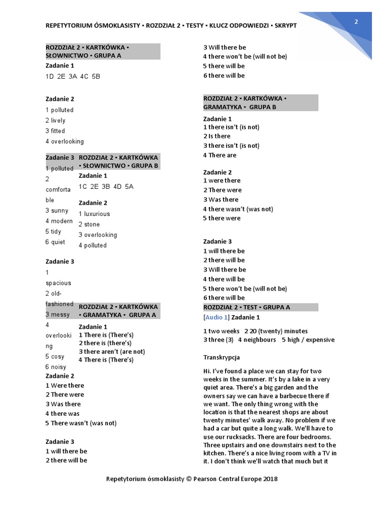 REP8 Unit 2 Testy Klucz Odpowiedzi | PDF | Room | Home